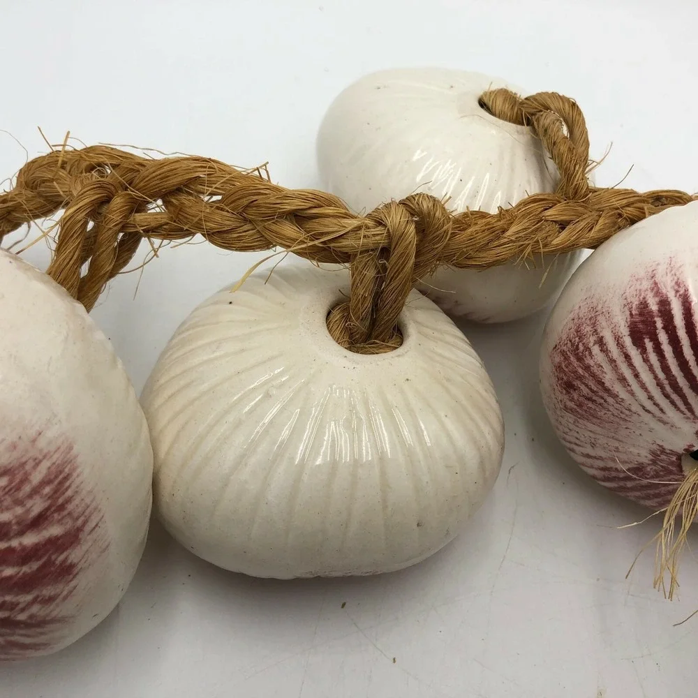 10 Ceramic White Red Purple Onions on Braided Jute Rope Wall Hanging Decor